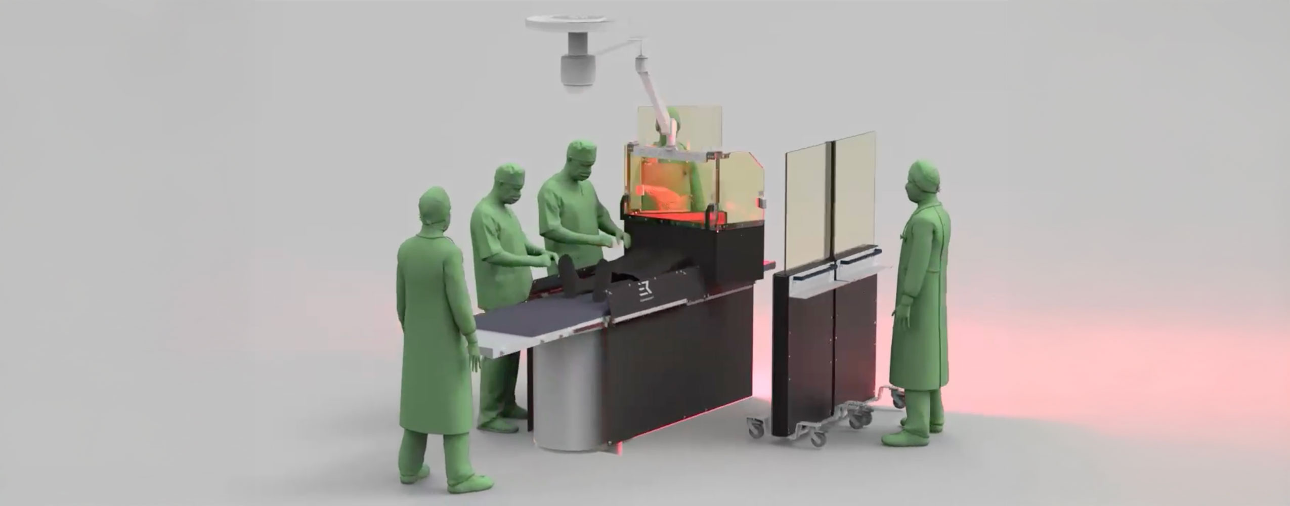 Computer rendering of interventional team protected Computer rendering of interventional team unprotected against radiation by Rampart devices