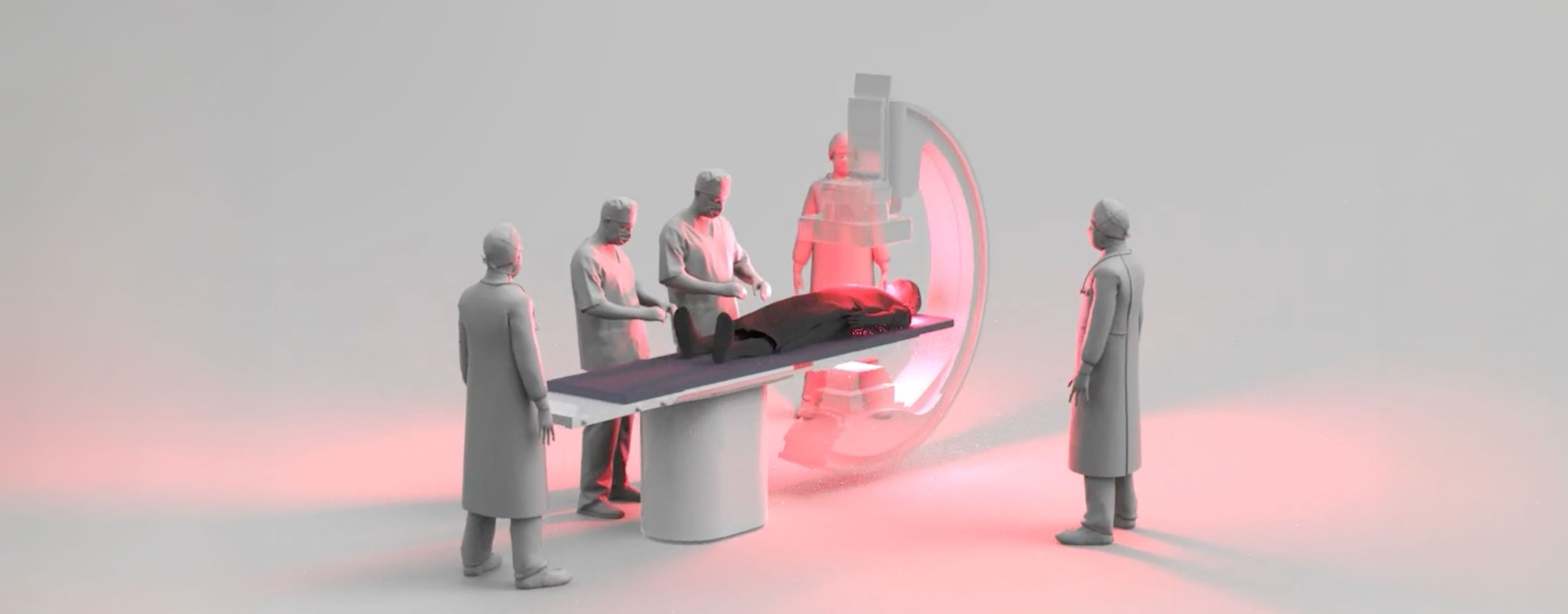 Computer rendering of interventional team unprotected against radiation