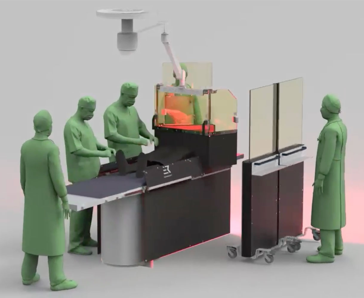 Computer rendering of interventional team protected Computer rendering of interventional team unprotected against radiation by Rampart devices