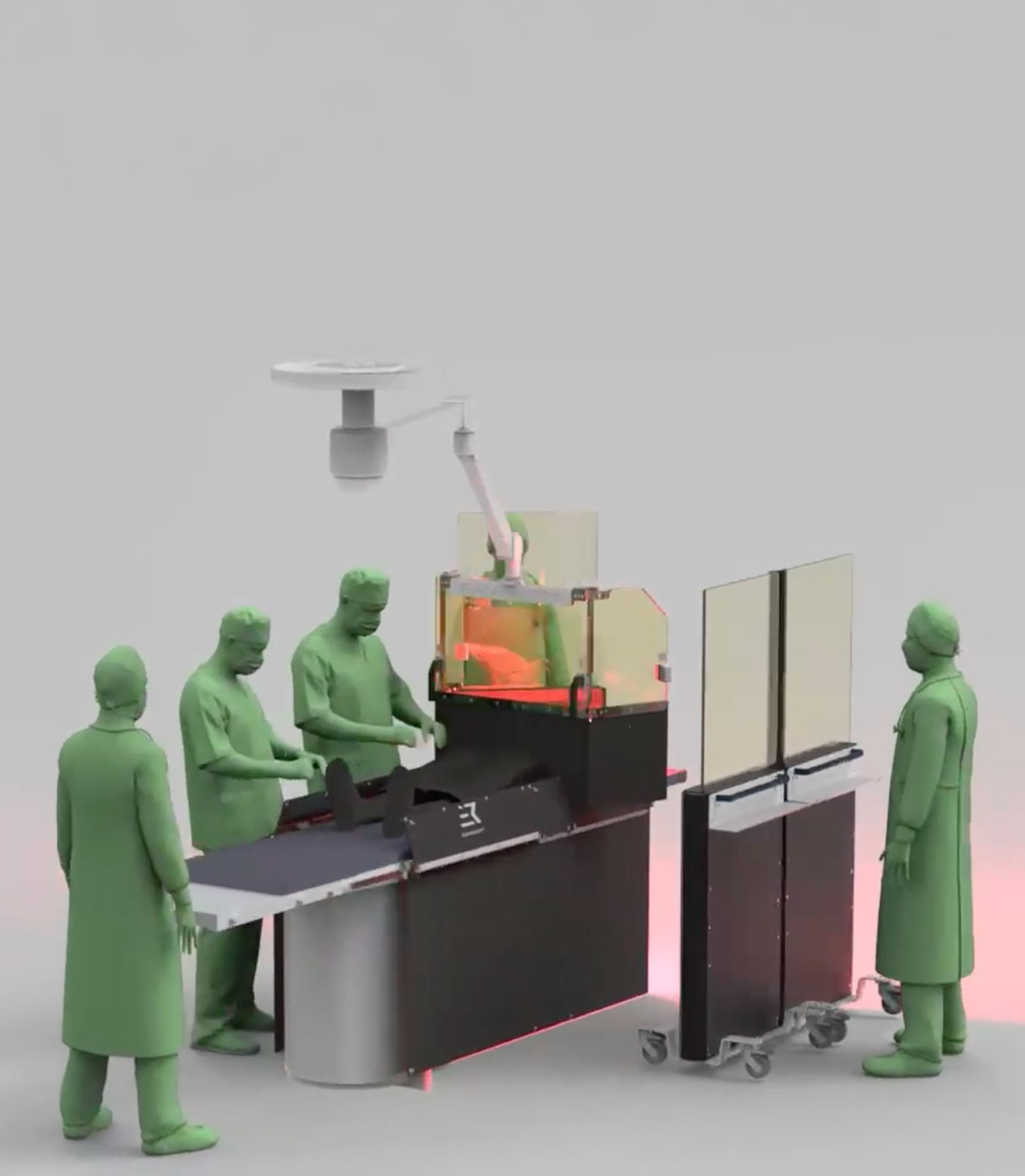 Computer rendering of interventional team protected Computer rendering of interventional team unprotected against radiation by Rampart devices