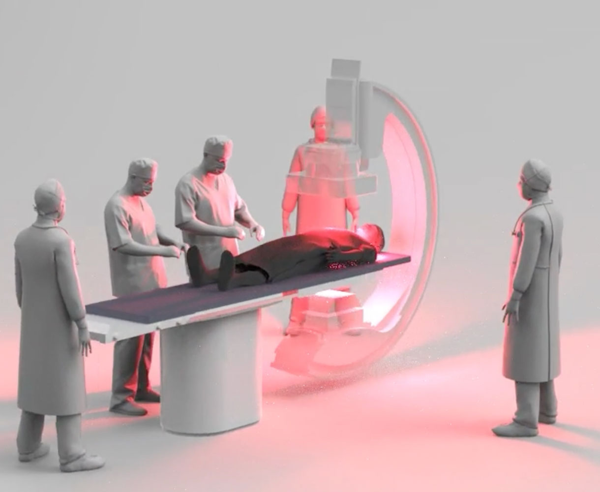 Computer rendering of interventional team unprotected against radiation