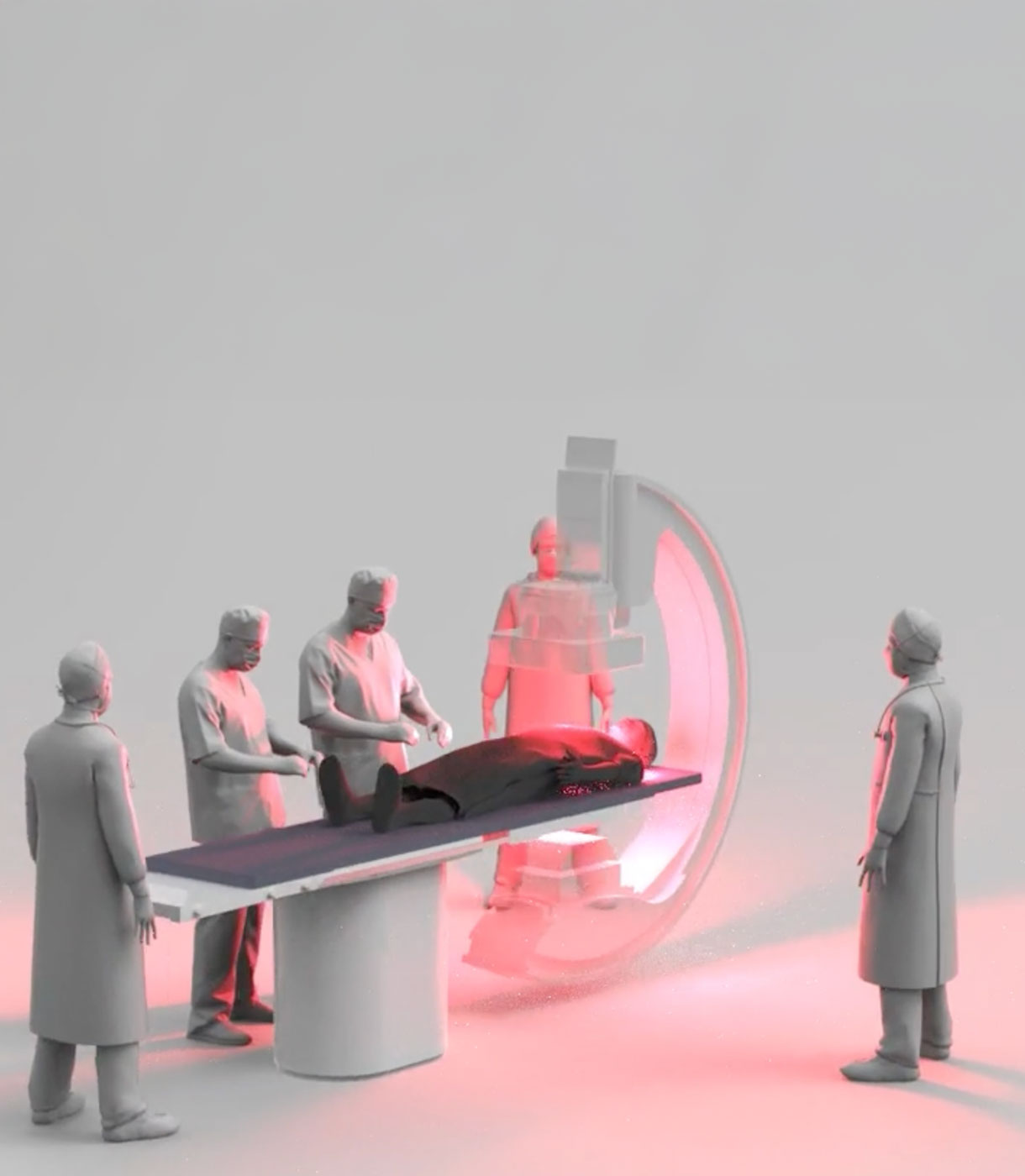 Computer rendering of interventional team unprotected against radiation